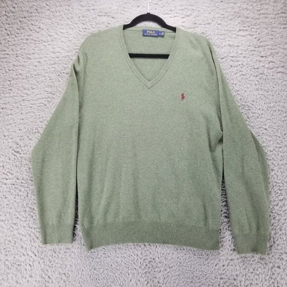 Polo Ralph Lauren Sweater Mens Large Green 100% Merino Wool V Neck Pullover - Picture 1 of 11